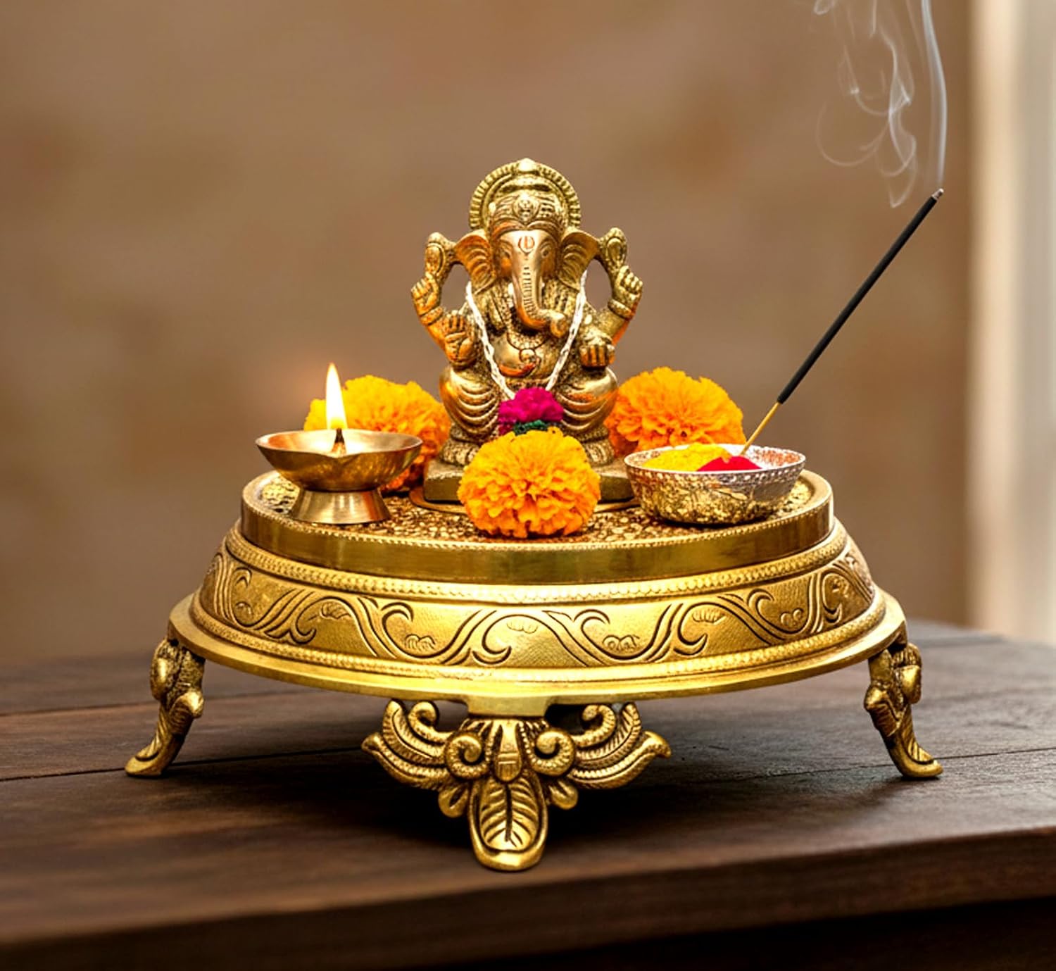 eSplanade Brass Decorative Round Pooja God Stool | Brass Chowki | Home Decor Sitting Table - 7 Inches